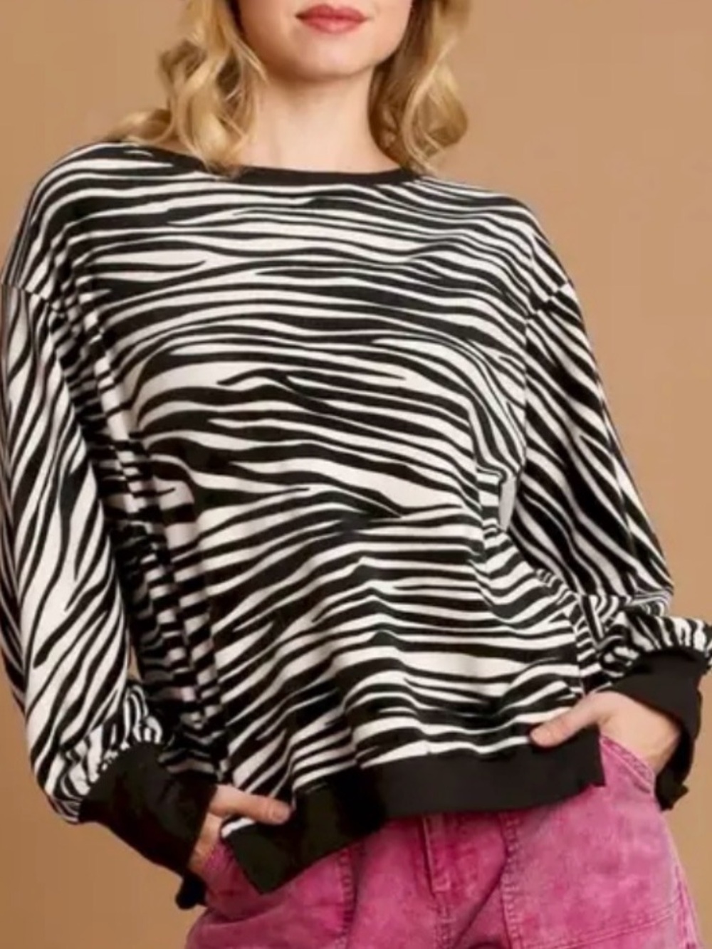 Umgee Black & White Zebra Print Velour Sweatshirt